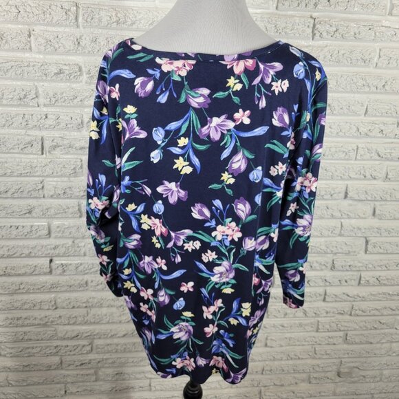 Karen Scott Women Top 2X Plus 3/4 Sleeve Blue Floral Quarter Button FLO121XE - Picture 6 of 10